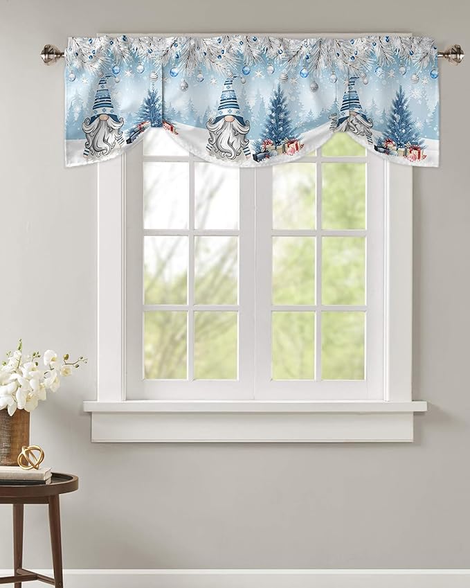 Christmas Gnome Blackout Tie Up Valance Curtains for Kitchen Windows Winter Merry Christmas Tree Balls Window Toppers Balloon Shades for Living Room/Bathroom/Bedroom,1 Panel, 42" X 18", Blue
