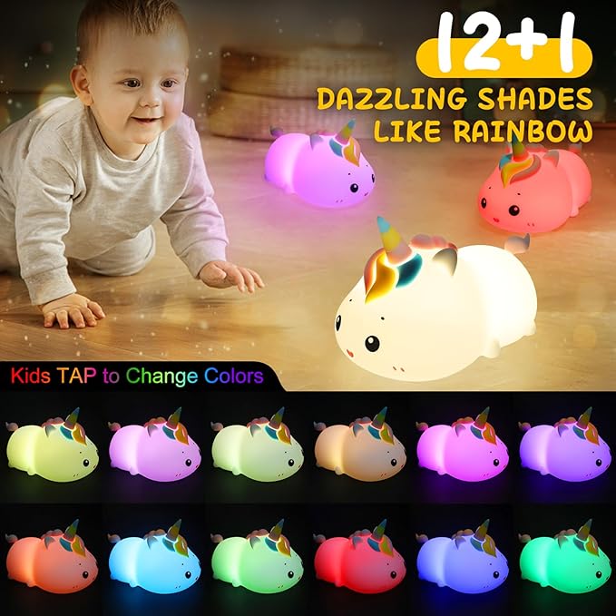 Cute Unicorn Night Light for Kids, 12+1 Color Changing Lamp 6 Level Dimmable Nightlight for Baby Room Decor and Toddler Night Light, Soft Cute Lamp, Kawaii Gifts for Kids Girls Boys Baby Children
