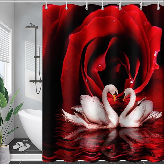 AILONEN 3D Printed Rose Shower Curtain,Red Rose Bath Curtain, White Swan Shower Curtain for Bathroom Decor,60" W*72" H Polyester Waterproof Bath Curtain with 12 Hooks