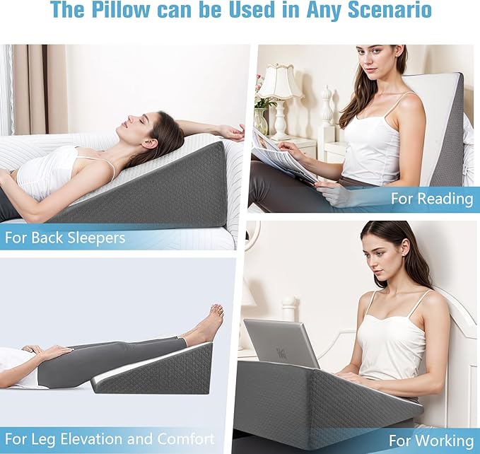 Wedge Pillow for Sleeping, 7.5 Inch Bed Wedge Pillow for Headboard, Wedge Pillow for Acid Reflux, After Surgery, Snoring, Cooling Memory Foam Top Triangle Pillow Wedge, Removable Cover