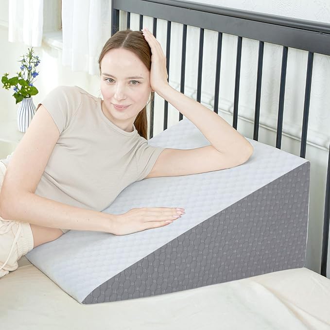 Bed Wedge Pillow, 8" 24" 24" Triangle Pillow Wedge, Cooling Memory Foam Top, Elevated Support Wedge Pillow for Relieving Acid Reflux, Heartburn, Snoring and GERD
