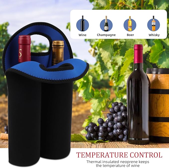 Desing Wish 2-Bottle Set Wine Carrier Tote Bag for 750ml Red/White Wine Bottles, Insulated Neoprene Wine Cooler Bag Wine Gift Bags for Gift/Picnic/Party/Beach/Christmas - Blue