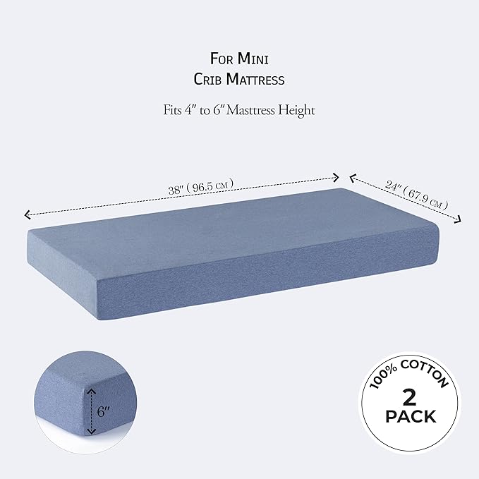 Mini Crib Fitted Sheet, 100% Cotton Knitted Jersey, Pack n Play Sheet, Breathable, Fitted Crib Sheets, Super Soft, Toddler Fitted Sheet,2 Pack,Dino/Denim Blue, 38x24x6