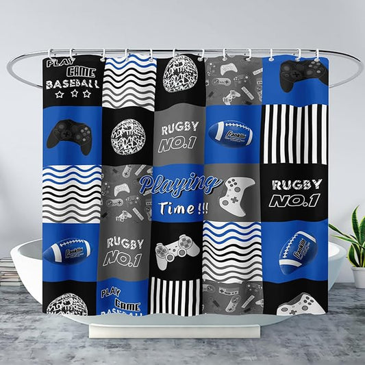 AILONEN Gamepad Shower Curtain,Navy Blue Ball Sports Bathroom Shower Curtain Sets for Boys Kids Teens, 36" W*72" H Gaming Gamer Theme Shower Curtain for Bathroom