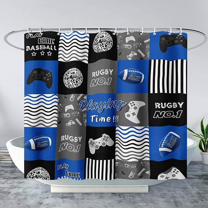 AILONEN Gamepad Shower Curtain,Navy Blue Ball Sports Bathroom Shower Curtain Sets for Boys Kids Teens, 48" W*72" H Gaming Gamer Theme Shower Curtain for Bathroom