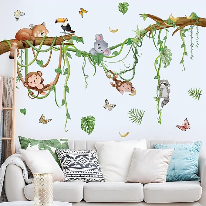 Removable Jungle Animals Wall Decals Peel and Stick Safari Monkey Climbing Tree Wall Stickers Vinyl Sloth Butterfly Vine Mural Art Decor for Kids Nursery Bedroom Living Room Sofa TV Wall