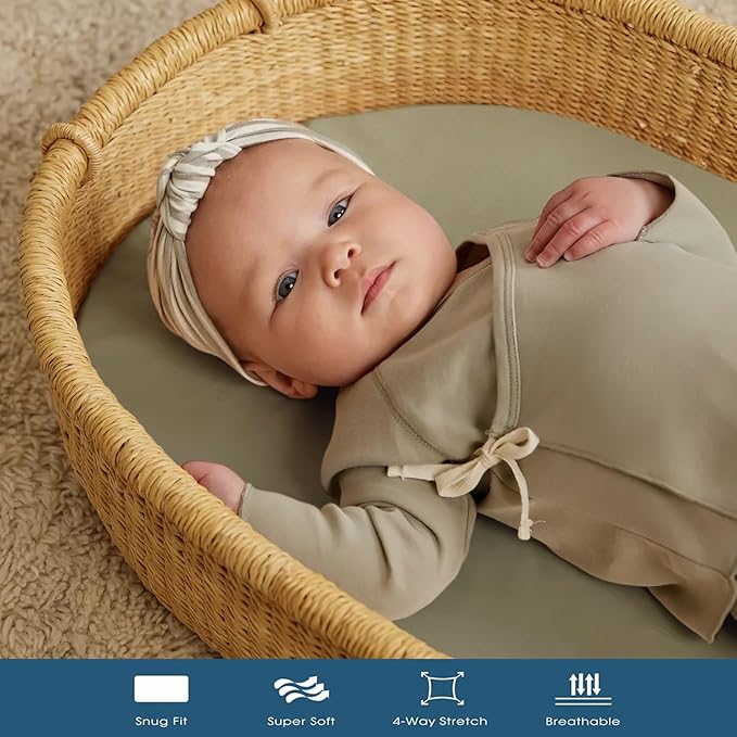 GRSSDER Stretchy Ultra Soft Fitted Bassinet Sheet 2 Pack, Universal Fit for Bassinets Baby Cradle Moses Basket Oval Rectangle Mattress Safe and Snug, Jersey Bassinet Sheets for Girls, Cream/Sage