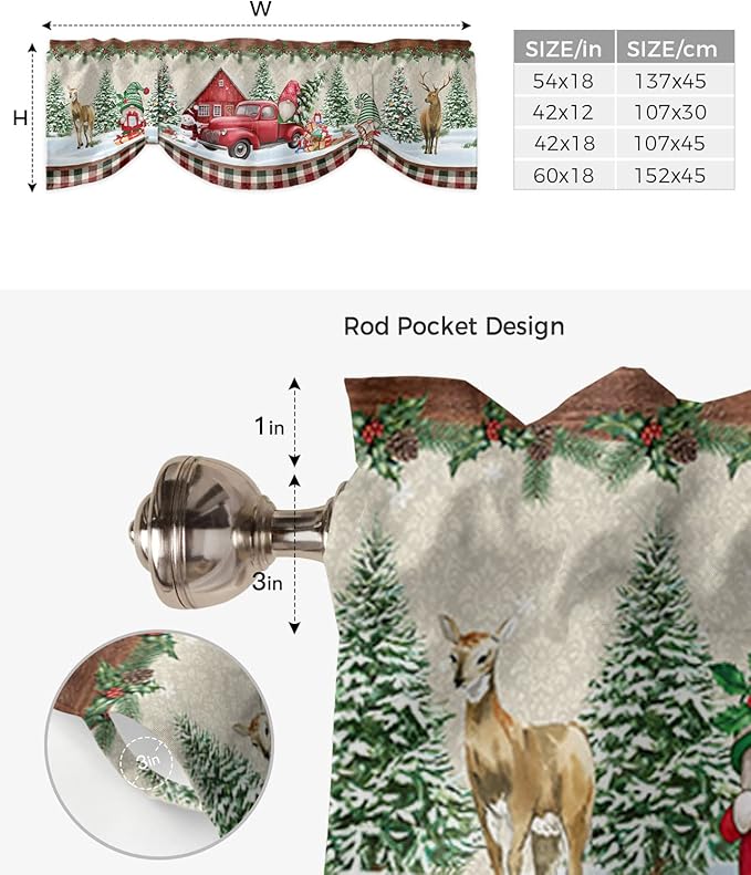 Christmas Farmhouse Blackout Tie Up Valance Curtains for Kitchen Windows Red Truck Gnomes Window Toppers Balloon Shades for Living Room/Bathroom/Bedroom,1 Panel,42" X 12" Winter Holiday Snowman