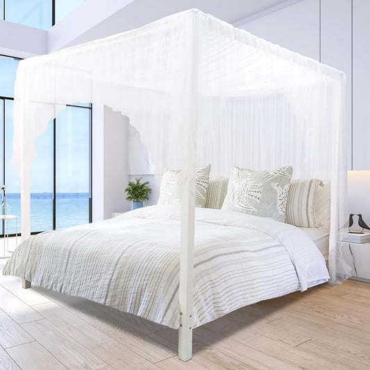 South to East White Canopy Bed Curtains, 4 Corner Post Bed Canopy, Top Elegant Bed Drapes for Bedroom Decor, 75D Polyester Mesh, Easy Install, Bed Curtain for King/Queen/Full Size