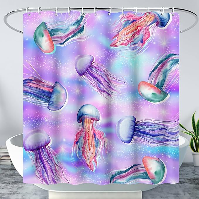 AILONEN Jellyfish Shower Curtain,Cartoon Sea Animal Jellyfish Bath Curtain Set for Kids Girls,Tie Dye Starry Night Fabric Shower Curtains for Bathroom, 48" W*72" H