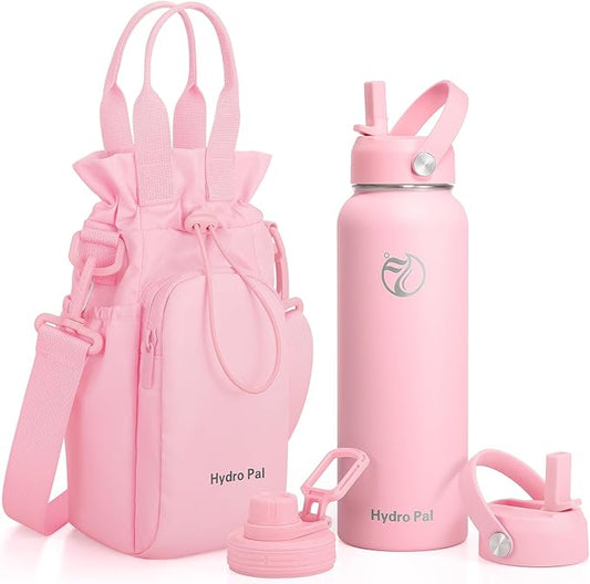 Insulated Water Bottles 32 oz with 2 Leak Proof Lids & Water Bottle Holder, Wide Mouth Sport Water Bottle with Straw, Reusable Stainless Steel Water Flask, Double Walled Vacuum Thermos