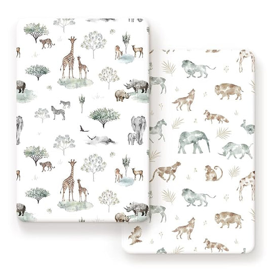 Stretchy Ultra Soft Jersey Knit Fitted Pack n Play Sheets Set 2 Pack, Portable/Mini Crib Sheets for Boys and Girls, Stylish Playard Sheets Fitted Safe and Snug, African Savannah Animals Pattern