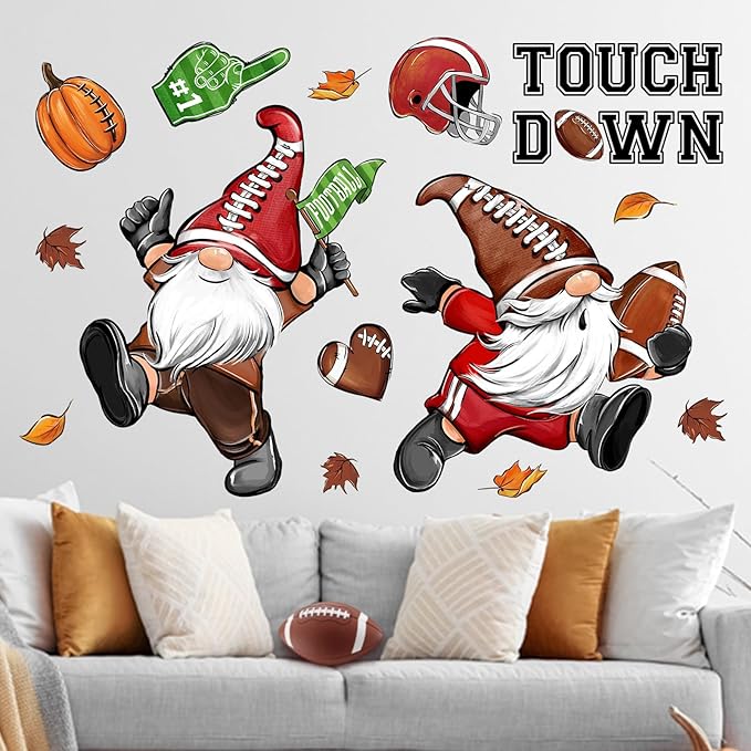 Mfault Fall Football Gnome Wall Decals Stickers, Autumn Sport Game Touch Down Decorations Bedroom Art, Rugby Pumpkin Helmet Home Kitchen Living Room Decor