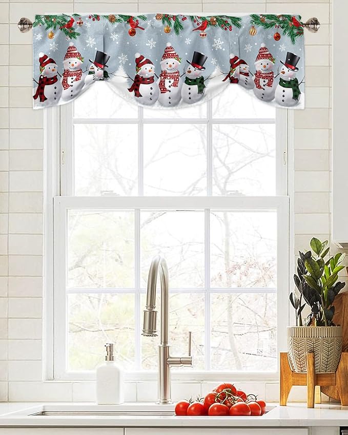 Christmas Blackout Tie Up Valance Curtains for Kitchen Windows Snowman Cardinal Window Toppers Balloon Shades for Living Room/Bathroom/Bedroom,1 Panel,54" X 18" Bluish Grey Winter Holiday