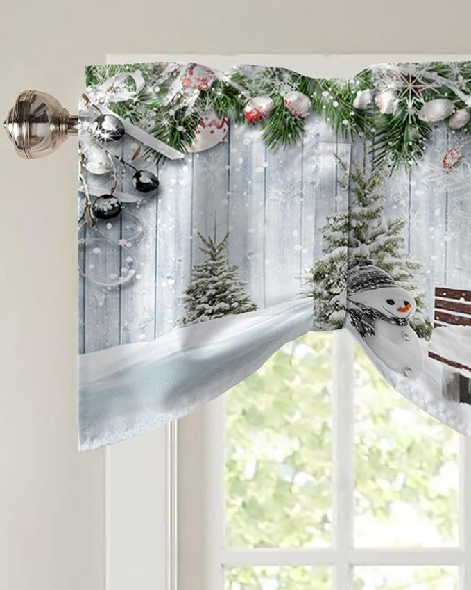 Merry Christmas Blackout Tie Up Valance Curtains for Kitchen Windows Xmas Snowman Snowy Pine Tree Window Toppers Balloon Shades for Living Room/Bathroom/Bedroom,1 Panel, 42" X 12", Blue Winter