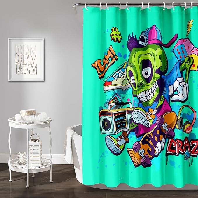 AILONEN Skate Skull Shower Curtain for Bathroom,Green Hip Hop Sport Skull Art Bathroom Curtain for Kids Girls Teen,Bath Curtain 72" W*96" H Polyester Waterproof Bathroom Curtain with 12 Hooks