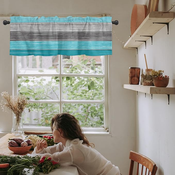 Farmhouse Kitchen Curtains Valances for Windows , Aqua Blue Gray Rod Pocket Country Window Treatment for Kitchen /Living Room/Bedroom/ Bathroom,42" X 18" -1 Panel, Retro Rustic Barn Wood Texture