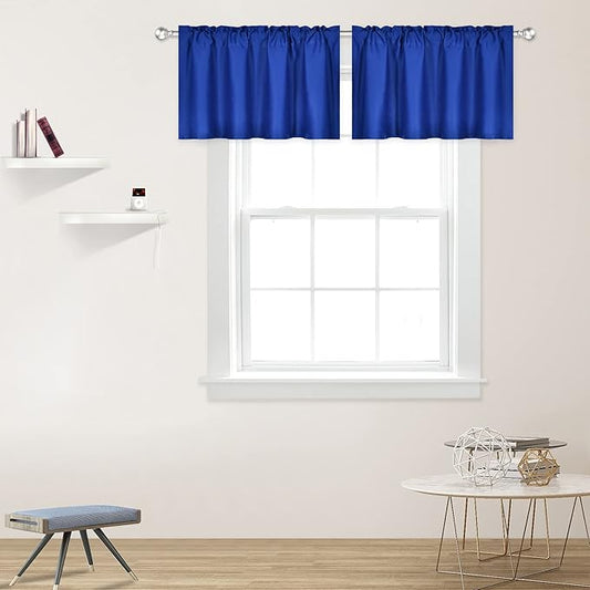 Royal Blue Valance for Windows 42x18 Inch Solid Thermal Insulated Blackout Rod Pocket Kitchen Short Curtain Toppers Valance for Bathroom Living Room 2 Panels