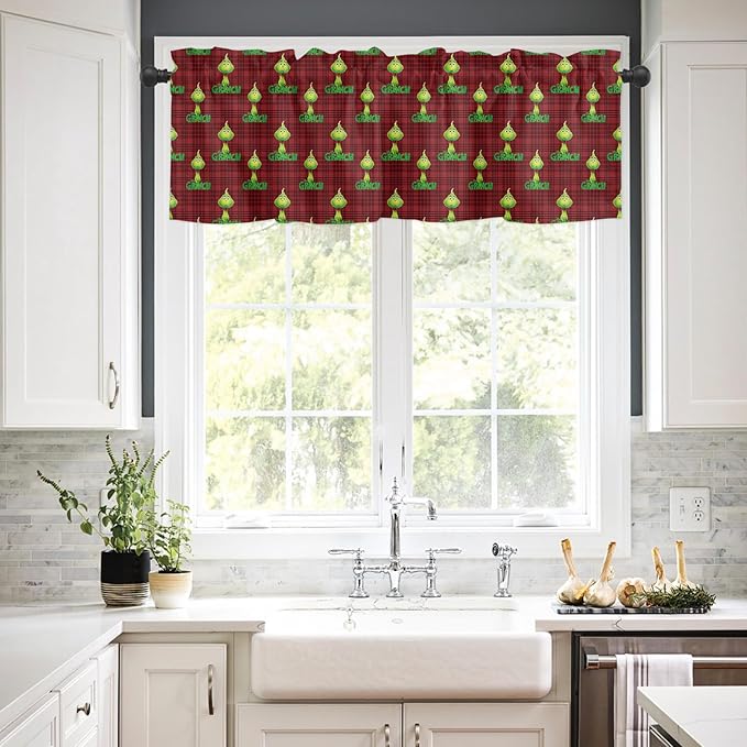 Retro Style Green Monster Christmas Window Valance for Kitchen Living Room Baby Grin-ch Window Curtain for Bedroom Christmas Window Valance Rod Pocket Window Treatment Christmas Decors, 54" W x 18" L