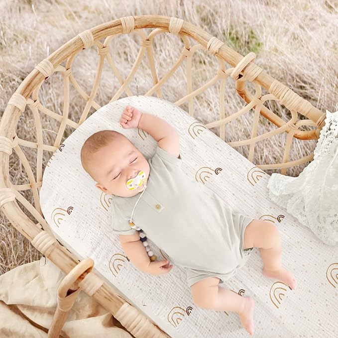 Muslin Bassinet Sheets Baby: Cotton Bassinet Sheets Fitted for Boys and Girls - Bassinet Sheets for Oval Rectangle or Hourglass Mattress(Khaki Rainbow)