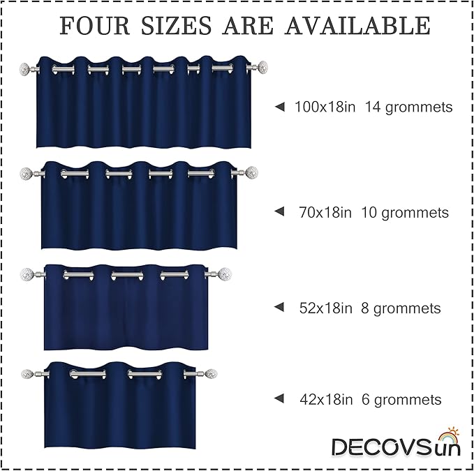DECOVSU Navy Blue Window Valance for Kitchen 100x18 Solid Blackout Thermal Insulated Grommet Valance for Bedrooom Living Room Extra Wide 1 Panel 100W X18 L
