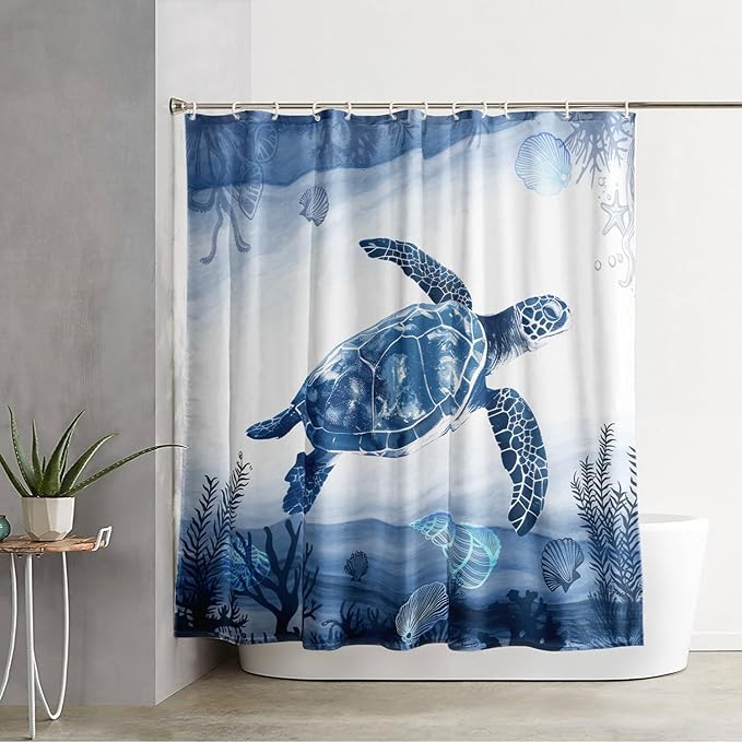 AILONEN Blue Sea Turtle Shower Curtain Set for Bathroom,Cartoon Turtle and Water Plant Bath Curtain,Kawaii Ocean Animal Theme Waterproof Fabric Shower Curtain with Hooks,36" W*72" H