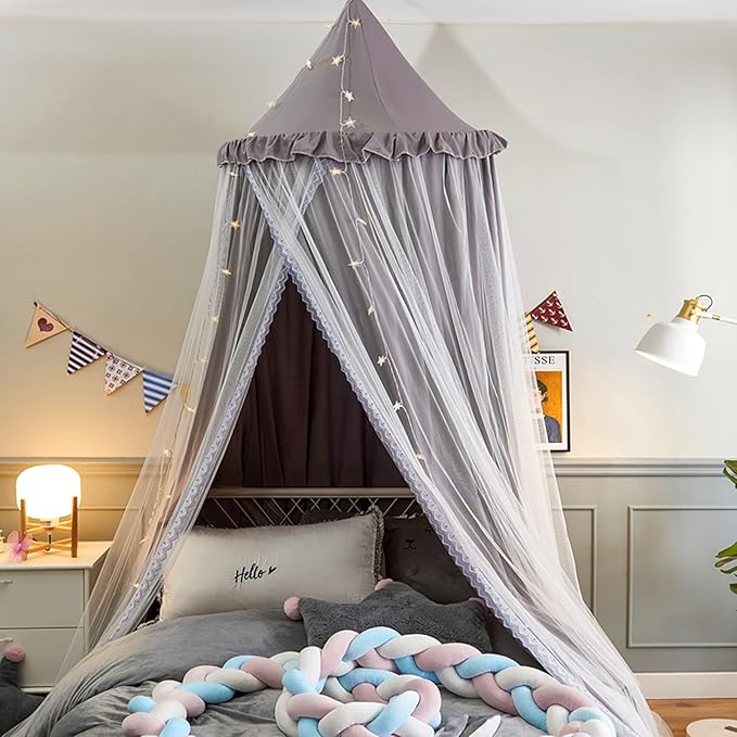 VETHIN Bed Canopy for Kids with Lights,Double Layer Princess Round Dome Children Dreamy Mosquito Net Bedding Girls Room Castle Play Tent Hanging House Decor Reading Nook Canopies(Gray/White)