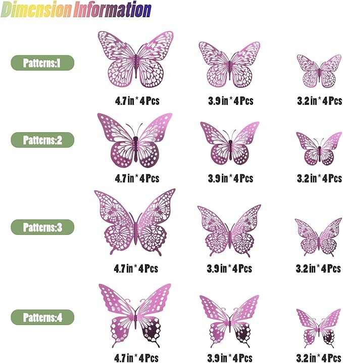 SAOROPEB 3D Butterfly Wall Decor 48 Pcs 4 Styles 3 Sizes, Butterfly Decorations for Butterfly Birthday Decorations Butterfly Party Decorations Cake Decorations, Removable Stickers (Lavender)