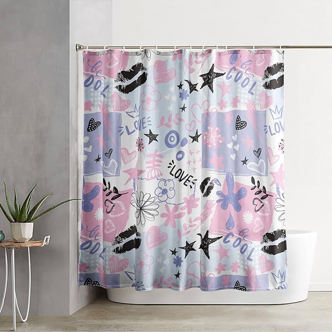AILONEN Love Lipstick Shower Curtain,Stars with Flowers Theme Waterproof Fabric Shower Curtain Set for Girls Boys Kids Teens, 72" W*84" H Purple Graffiti Shower Curtain Set