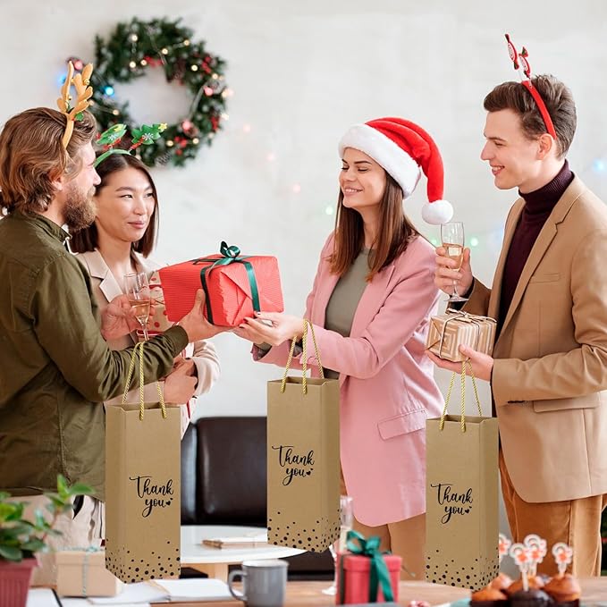Ssyuysto 12 Pcs Wine Gift Bags for Wine Bottles Elegant Thank You Wine Gift Bags with Metallic Gold Foil Print,4.7"x3.5"x 14.1" Kraft Wine Gift Bags with Rope Handles for Wedding Bottle (Brown)