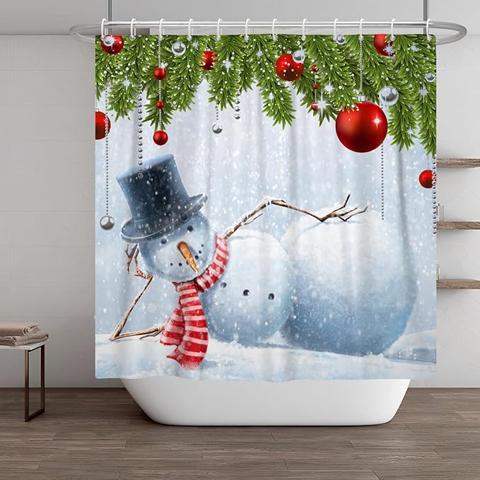 Funny Christmas Shower Curtain for Bathroom Snowman Snowflake Red Christmas Ball Winter Holiday Kids Bathroom Curtain with Hook,72x72 Inch