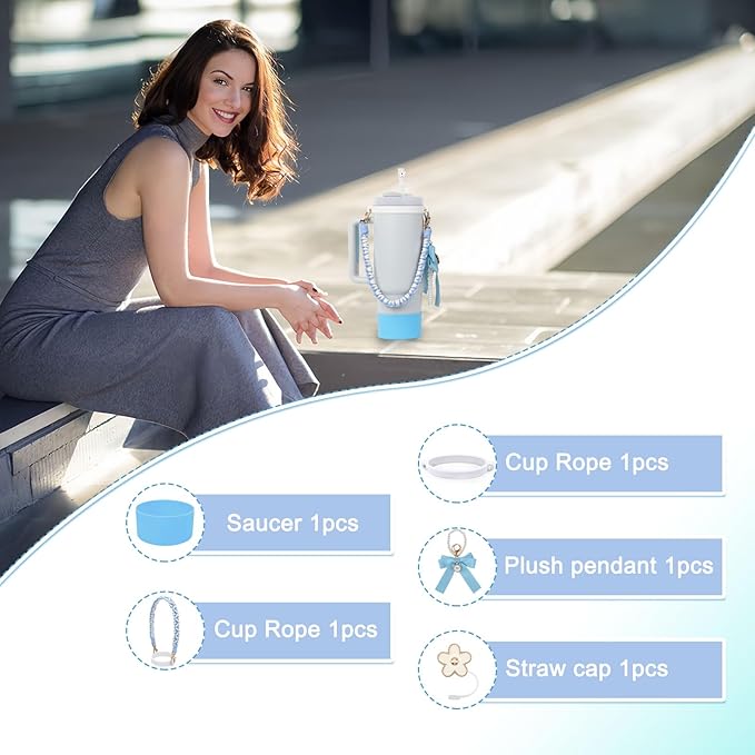 BELSITA Stanley Cup Accessories Set, Bow Pearl Chain Braided Design Water Bottle Handle Strap, Silicone Stanley Cup Boot, Stanley Charms for Stanley Cup 30/40oz Tumble (Blue)