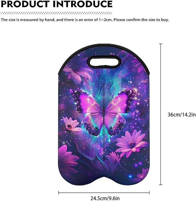 doginthehole Wine Bottle Travel Bag 2 Bottle Purple Butterfly Daisy Print Wine Carrying Tote for Women Wine Lover Champagne Carrier Bag Portable Neoprene Wine Tote for Travel, Picnic, Party