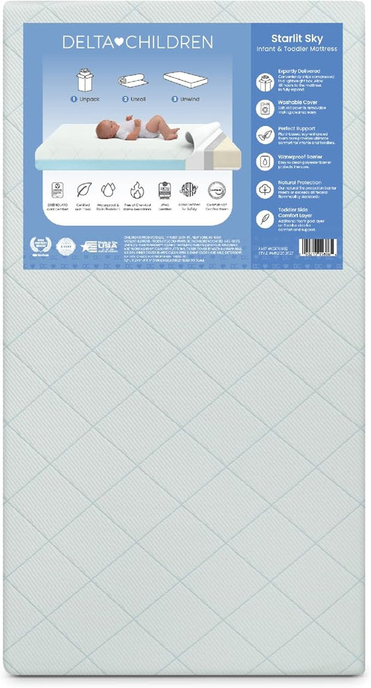 Delta Children Starlit Sky 2-Stage Crib and Toddler Mattress – GREENGUARD Gold Certified, CertiPUR-US Certified Foam, Breathable Machine Washable Cover, Waterproof Barrier, Made in USA, Blue