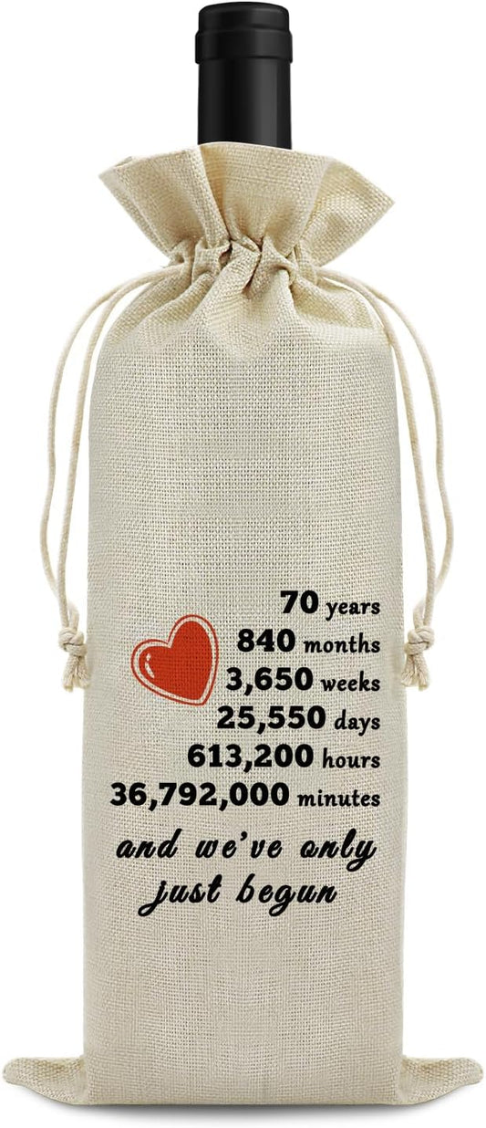 Sfodiary 70th Anniversary Wedding Gift for Wife Husband Wine Bag 70th Year Marriage Gift for Women Men Burlap Wine Wrap Bag Valentine Christmas Thanksgiving Gifts for Couples Wine Gift Bag