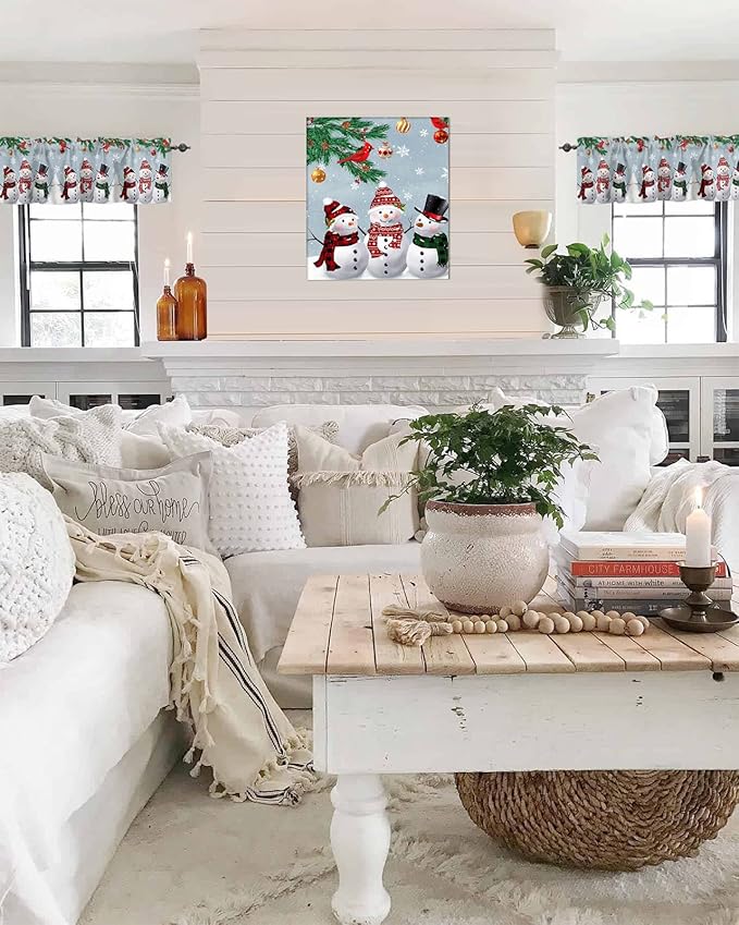 Christmas Kitchen Curtains Valances for Windows Snowman Cardinal Rod Pocket Window Treatment for Kitchen/Living Room/Bedroom/Bathroom,60" X 18" -1 Panel, Bluish Grey Winter Holiday