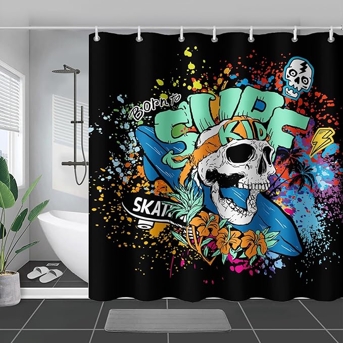 AILONEN Surf Skull Shower Curtain for Bathroom,Colorful Graffiti Flower Art Bathroom Curtain for Kids Boys Girls,Bath Curtain 48" W*72" H Polyester Waterproof Bathroom Curtain with 12 Hooks