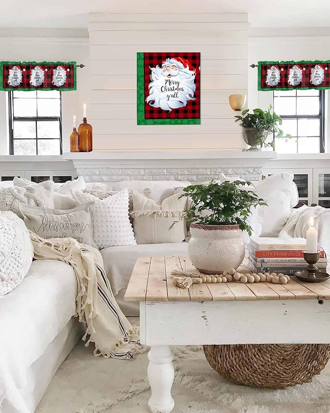 Merry Christmas Y'all Kitchen Curtains Valances for Windows XMAS Santa Claus Rod Pocket Window Treatment for Kitchen/Living Room/Bedroom/Bathroom,42" X 12" -1 Panel, Red Buffalo Plaid
