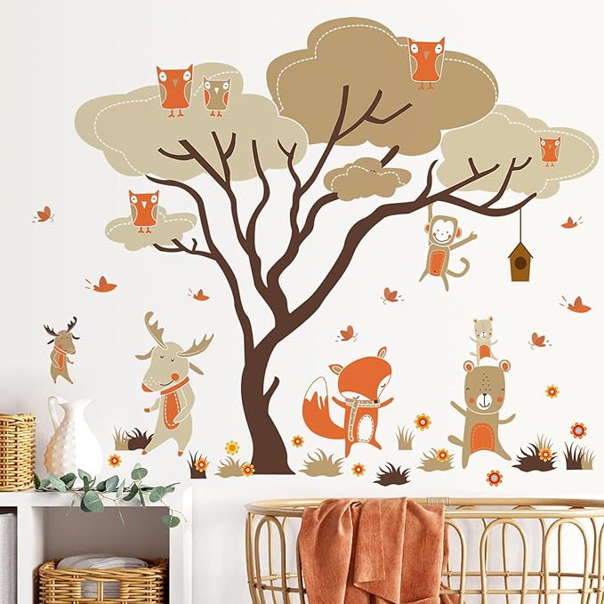 Woodland Animals Large Tree Wall Stickers Fox Deer Monkey Owl Wall Decals Removable DIY Peel and Stick Wall Decor for Kids Baby Bedroom Living Room