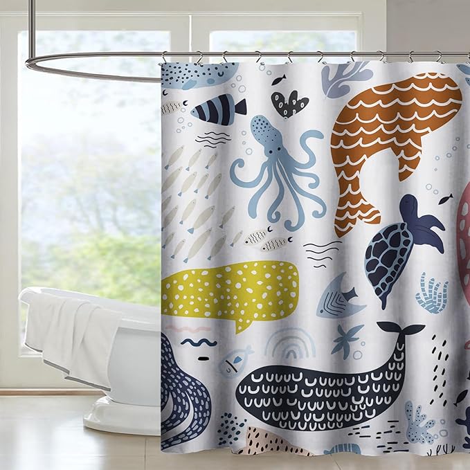 AILONEN Cartoon Dolphin Shower Curtain for Kids 72" W*72" H Inch,Colorful Whales Octopuses Pattern Shower Curtain,Marine Life Theme 12 Pack Hooks Polyester Waterproof Fabric Decor for Bathroom