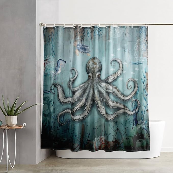 AILONEN 3D Ocean Octopus Shower Curtain Set for Bathroom,Sea Turtle Seahorse Animal Bath Curtain,Ocean Theme Waterproof Fabric Shower Curtain with Hooks,36" W*72" H