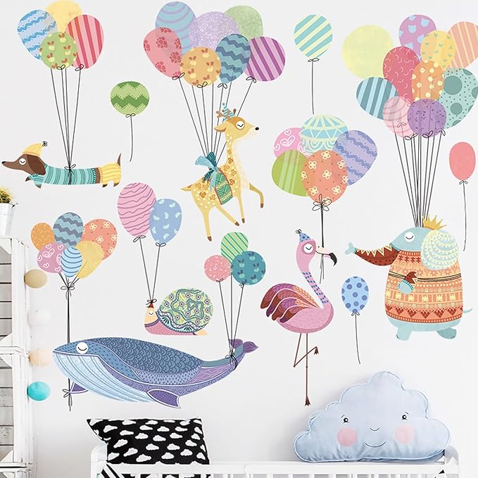Cartoon Animals Wall Stickers Color Balloon Whale Elephant Wall Decals Peel and Stick Wall Art Decals for Kids Bedroom Baby Nursery Door Decor