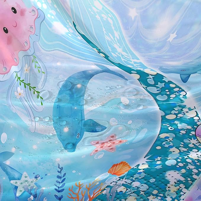 AILONEN Mermaid Tail Shower Curtain Set, Beautiful Glitter Mermaid Tail Cloth Bath Curtain for Bathroom,Cute Whale Jellyfish Polyester Waterproof Shower Curtain with Hooks,60" Wx72 H