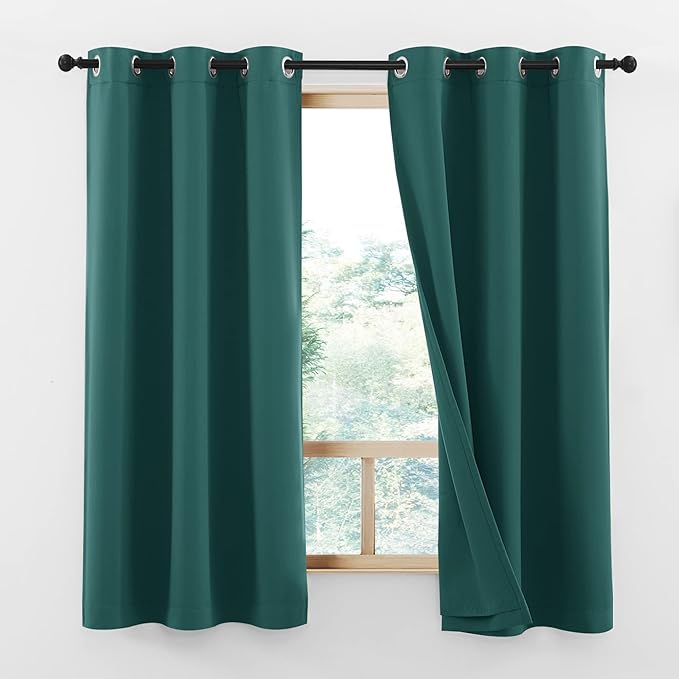 NICETOWN 100% Blackout Curtains with Same Color Liners, Solid Thermal Insulated Full Blackout Lined Drapes, Energy Efficiency Window Draperies for Bedroom (Emerald Green, 2 Panels, 42" W by 63" L)