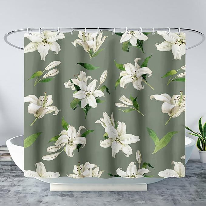 AILONEN Flower Shower Curtain, Vintage Garden Lilies Theme Waterproof Fabric Shower Curtain Set,Green Spring Flowers Bathroom Decor for Teen Girls Women,72" W*78" H