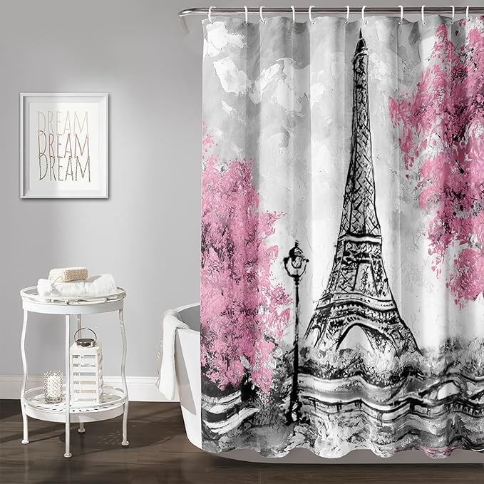 AILONEN Paris Tower Shower Curtain,Retro Gray Tower Waterproof Shower Curtain Set for Boys Kids Teens, 72" W*78" H Cherry Tree Eiffel Tower Pen Drawing Style Shower Curtains