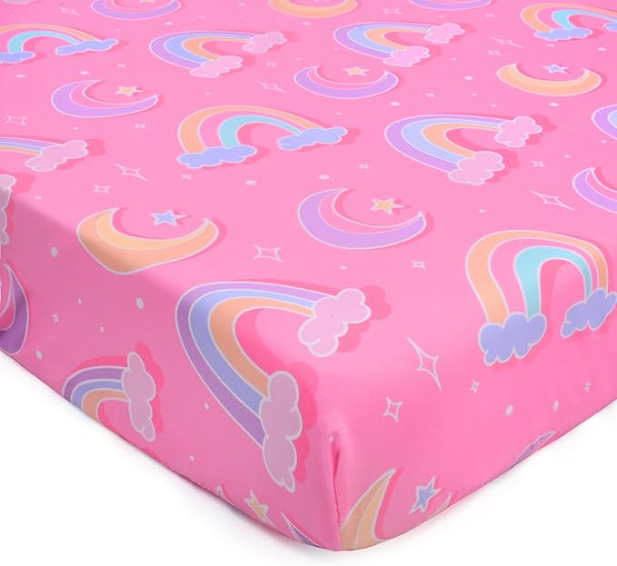 JISEN Baby Crib Sheets Soft Breathable Pink Rainbows Fitted Crib Sheets Baby Sheet for Standard Crib and Toddler Mattress Baby Bed Sheets for Crib for Baby Boys Girls Neutral 52x28 Inch