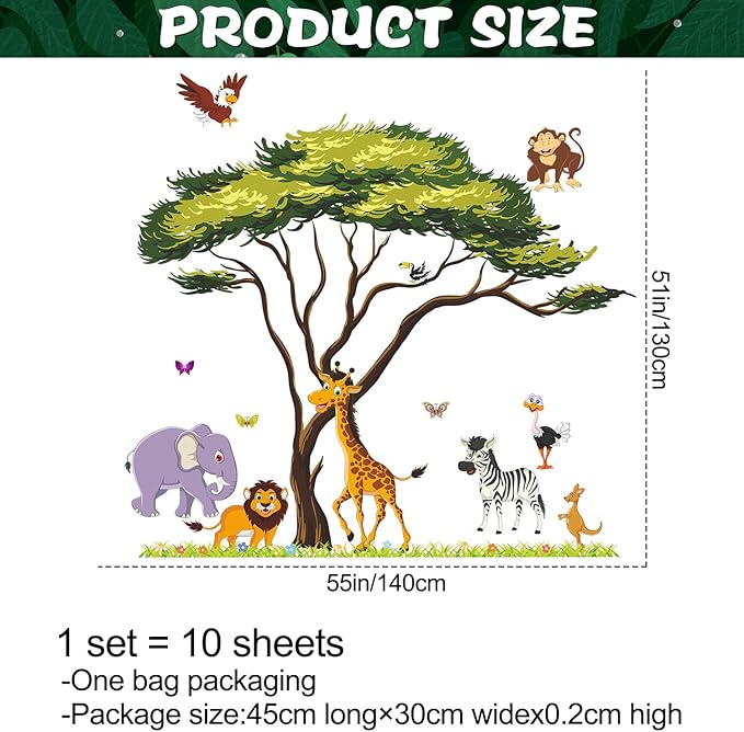 Jungle Animals Tree Wall Decals Woodland Animals Large Tree Wall Stickers Lion Elephant Zebra Safari Wall Sticker Removable DIY Peel and Stick for Kids Baby Bedroom Living Room Mural Decor