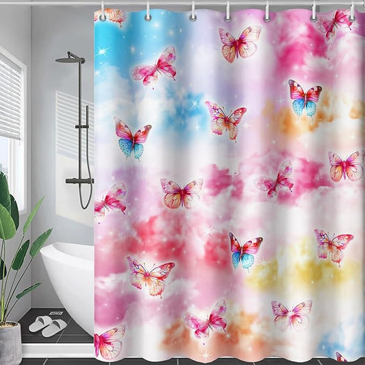 AILONEN Butterflies Shower Curtain Set, Colourful Butterfly Washable Fabric Shower Curtain for Girls,Shining Stars Waterproof Shower Curtain for Pink Lover,60" W*72" H