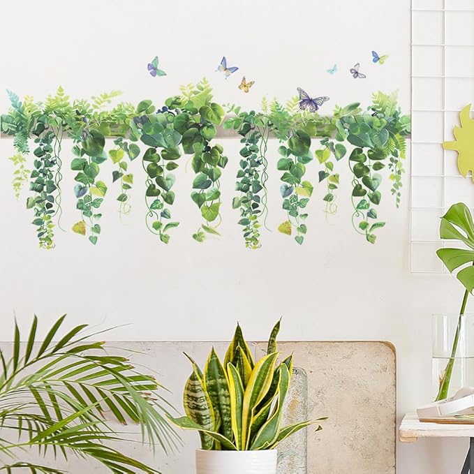 Green Leaf Wall Decals Hanging Vine Wall Stickers Plant Butterfly Wall Decal DIY Removable Wall Art Decals Peel and Stick Art Murals for Kitchen Bedroom Classroom Kids Nursery Decor